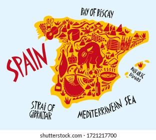 Vector hand drawn stylized map of Spain. Travel illustration of Spain Kingdom landmarks. Hand drawn lettering illustration. Europe map element