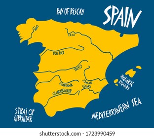 Vector hand drawn stylized map of Spain Kingdom. Travel illustration of Spain rivers. Hand drawn lettering illustration. Europe map element