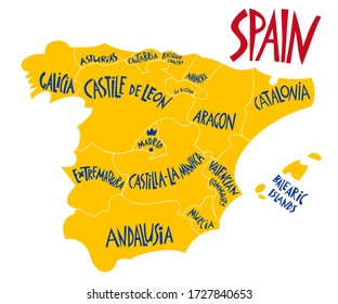 Vector hand drawn stylized map of Spain Kingdom. Travel illustration of Spain provinces. Hand drawn lettering illustration. Europe map element
