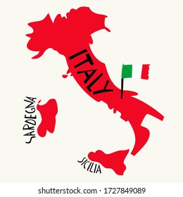 Mapa estilizado de Italia dibujado a mano con vectores. Ilustración de viaje de la forma de la República Italiana. Ilustración con letras dibujada a mano. elemento de mapa de Europa