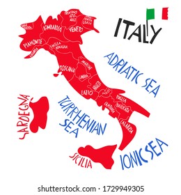 Vector hand drawn stylized map of Italian Republic. Travel illustration of Italy provinces. Hand drawn lettering illustration. Europe map element