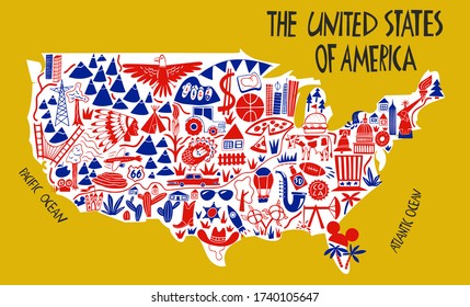 Vector hand drawn stylized map of The United States of America. Travel illustration of USA landmarks. Hand drawn lettering illustration. North America map element