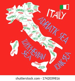 Vector hand drawn stylized map of Italian Republic. Travel illustration of Italy provinces and cities. Hand drawn lettering illustration. Europe map element