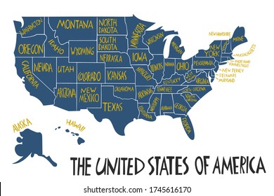 Vector hand drawn stylized map of The United States of America. Travel illustration of USA states. Hand drawn lettering illustration. North America map element