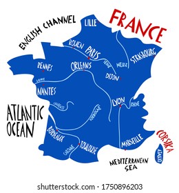 Vector hand drawn stylized map of France. Travel illustration with french cities names. Hand drawn lettering illustration. Europe map element