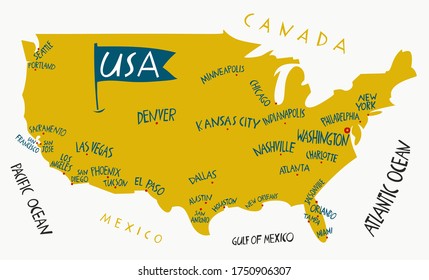 Vector hand drawn stylized map of The United States of America. Travel illustration of USA cities. Hand drawn lettering illustration. North America map element