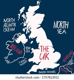 Vector hand drawn stylized map of the United Kingdom. Travel illustration of Great Britain neighboring countries and water names. Hand drawn lettering illustration. Europe map element
