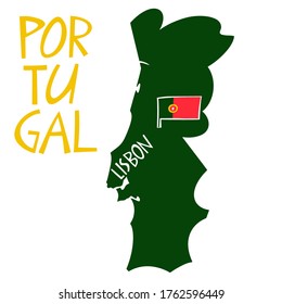 Vector hand drawn stylized map of Portugal. Travel illustration of Portuguese Republic shape. Hand drawn lettering illustration. Europe map element