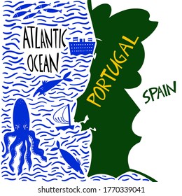 Vector hand drawn stylized map of Portugal. Travel illustration of Portuguese Republic with water names. Hand drawn lettering illustration. Europe map element