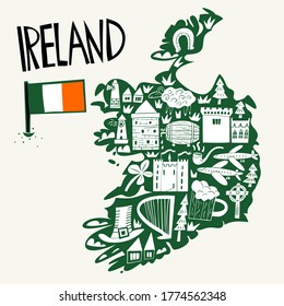 Vector hand drawn stylized map of Ireland. Travel illustration of Republic of Ireland landmarks. Hand drawn lettering illustration. Europe map element