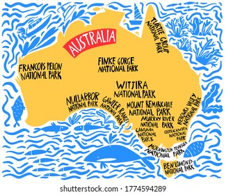 Vector hand drawn stylized map of Australia. Travel illustration of Commonwealth of Australias national parks. Hand drawn lettering illustration. South map element