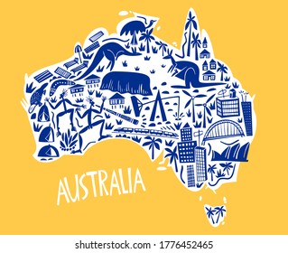 Vector hand drawn stylized map of Australia. Travel illustration of Commonwealth of Australia landmarks. Hand drawn lettering illustration. South map element