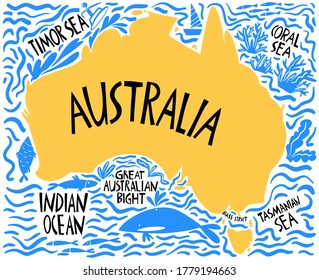 Vector hand drawn stylized map of Australia. Travel illustration of Commonwealth of Australia and waters. Hand drawn lettering illustration. South map element