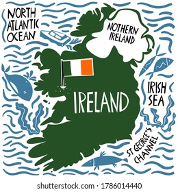 Vector hand drawn stylized map of Ireland. Travel illustration of Republic of Ireland with waters. Hand drawn lettering illustration. Europe map element