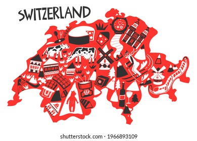 Vector hand drawn stylized map of Switzerland landmarks. Travel illustration. Geography illustration. Europe map element