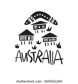Vector hand drawn stylized map of Australia. Travel illustration of Commonwealth of Australia shape. Hand drawn lettering illustration. South lands map element