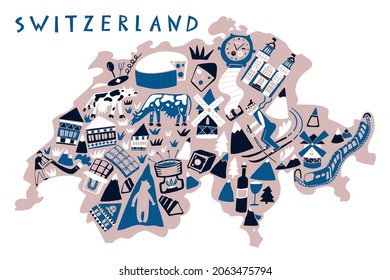 Vector hand drawn stylized map of Switzerland landmarks. Travel illustration. Geography illustration. Europe map element