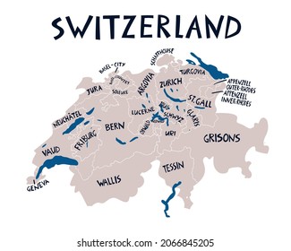 Mapa estilizado de Suiza, dibujado a mano por vectores. Ilustración de viajes de las regiones de la Confederación Suiza. Ilustración con letras dibujada a mano. elemento de mapa de Europa