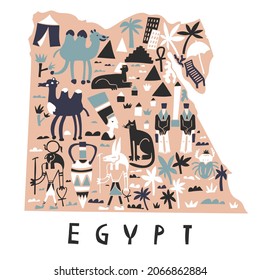 Vector hand drawn stylized map of Egypt. Travel illustration of Arab Republic of Egypt shape. Hand drawn lettering illustration. Africa map element with landmarks