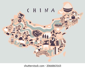 Vector hand drawn stylized map of China. Travel illustration of China landmarks. Geography illustration and handwritten lettering. Asia map element. People's Republic of China 