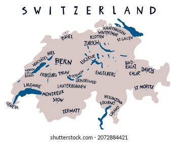 Mapa estilizado de Suiza, dibujado a mano por vectores. Ilustración de viajes de las ciudades de la Confederación Suiza. Ilustración con letras dibujada a mano. elemento de mapa de Europa