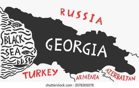 Vector hand drawn stylized map of Georgia. Travel illustration Saqartvelo shape. Hand drawn lettering illustration. Georgia map element with neighbor countries names