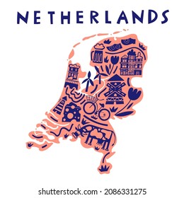 Vector hand drawn stylized map of Netherlands landmarks. Netherlands Kingdom travel illustration. Geography illustration. European map element