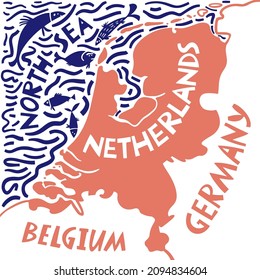 Vector hand drawn stylized map of Netherlands with neighboring countries. Netherlands Kingdom travel illustration. Geography illustration. European map element