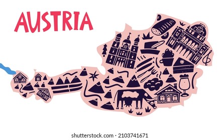 Mapa estilizado de monumentos austríacos dibujado a mano por vectores. Ilustración de viaje. Ilustración geográfica de la República de Austria. elemento de mapa de Europa