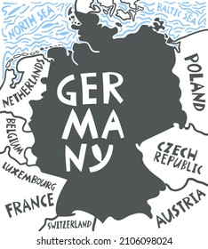 Vector hand drawn stylized map of Germany neighboring countries. Travel illustration. Federal Republic of Germany geography illustration. Europe map element