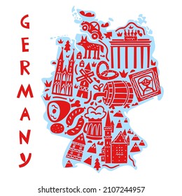 Vector hand drawn stylized map of German landmarks. Travel illustration. Federal Republic of Germany geography illustration. Europe map element