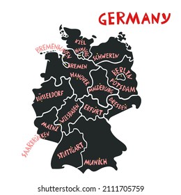 Vector hand drawn stylized map of Germany cities. Travel illustration. Federal Republic of Germany geography illustration. Europe map element