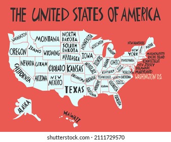 Vector hand drawn stylized map of The United States of America with states names. Travel illustration of USA shape. North America map element