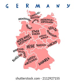 Vector hand drawn stylized map of Germany states. Travel illustration. Federal Republic of Germany geography illustration. Europe map element