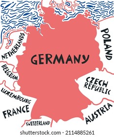 Von Hand gezeichnete Karte der Nachbarländer Deutschlands. Reisegrafik. Geografische Abbildung der Bundesrepublik Deutschland. Europakarte