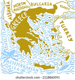 Vector hand drawn stylized map of Greece. Travel illustration. Hellenic Republic geography illustration. Europe map element