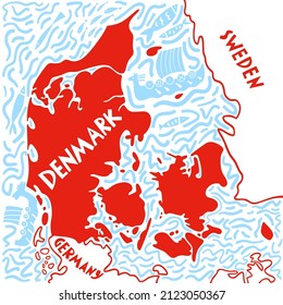 Vector hand drawn stylized map of Denmark neighboring countries. Travel illustration. Kingdom of Denmark geography illustration. Europe map element