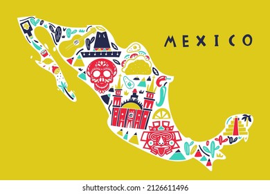 Vector hand drawn stylized map of Mexico landmarks. Travel illustration. The United Mexican States geography illustration. Latin America map element