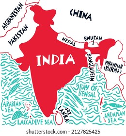 Vector hand drawn stylized map of Indian neighbors countries and waters. Travel illustration. Republic of India geography illustration. Asia map element