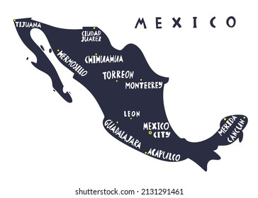 Vector hand drawn stylized map of Mexico cities. Travel illustration. The United Mexican States geography illustration. Latin America map element