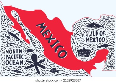 Vector hand drawn stylized map of Mexico and waters. Travel illustration. The United Mexican States geography illustration. Latin America map element