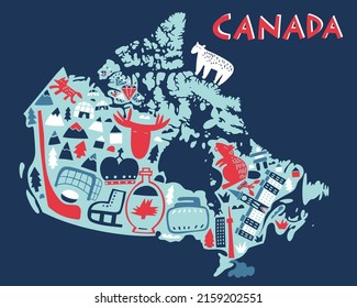 Vector hand drawn stylized map of Canadian landmarks. Canada travel illustration. North America map 