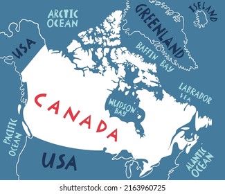 Vector hand drawn stylized map of Canadian region with water names and neighbor countries. Canada travel illustration. North America map 