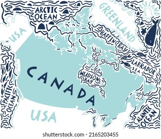 Vector hand drawn stylized map of Canadian region with neighbor countries. Canada travel illustration. North America map 