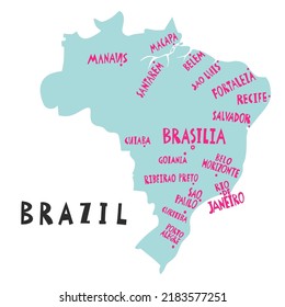 Mapa estilizado de las ciudades de Brasil dibujado a mano por vectores. Mapa de América del Sur. Gráfico de viajes de la República Federativa del Brasil