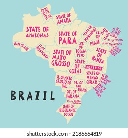 Vector hand drawn stylized map of Brazil States. South America map element. Federative Republic of Brazil Travel illustration