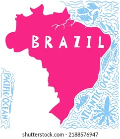 Vector hand drawn stylized map of Brazil And Waters. South America map element. Federative Republic of Brazil Travel illustration