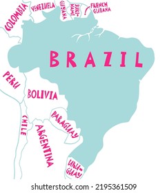 Vector hand drawn stylized map of Brazil And Neighboring Countries. South America map element. Federative Republic of Brazil Travel illustration