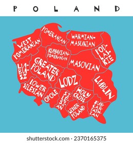 Vector Hand Drawn Stylized Map Of Polish Provinces. Travel Illustration. Republic Of Poland Geography Illustration. Europe Map Element