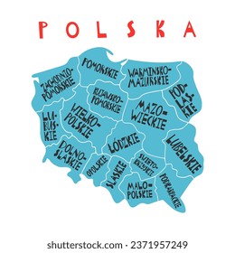 Vector Hand Drawn Stylized Map Of Polish Provinces. Travel Illustration. Republic Of Poland Geography Illustration. Europe Map Element